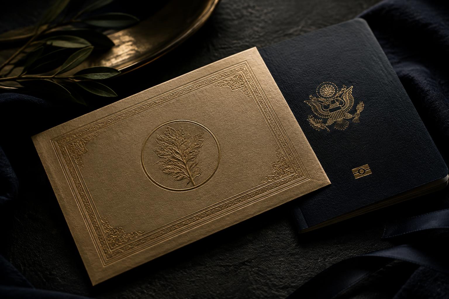 Convite dourado ao lado de um passaporte