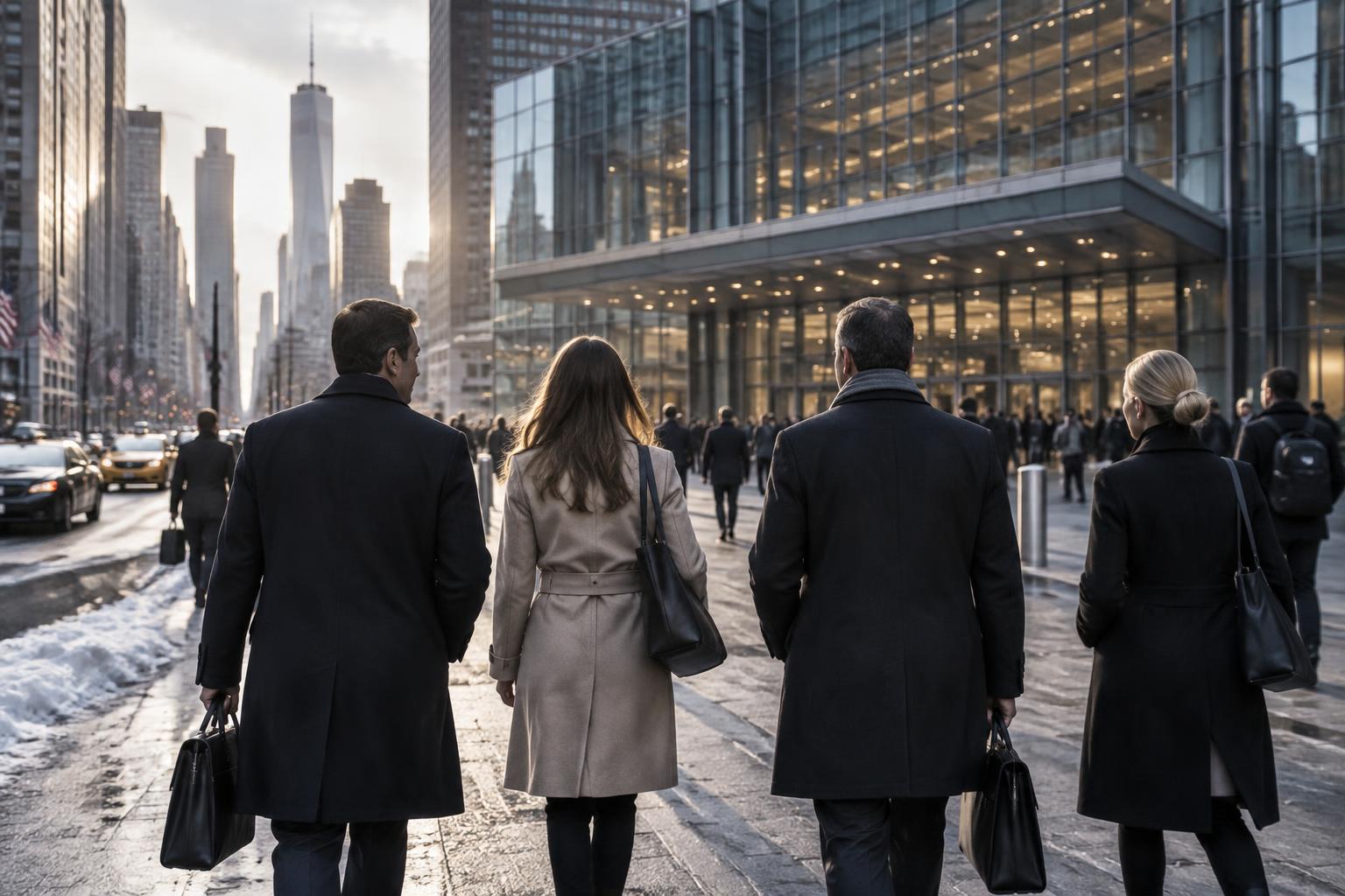 Executivos caminhando por uma avenida de Nova York no inverno